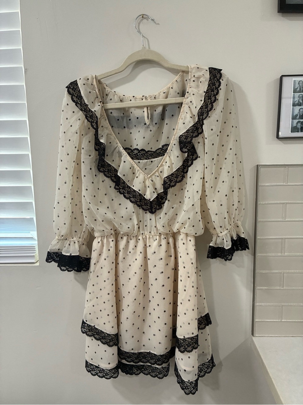 For Love And Lemons Cream Polka Dot Mini Dress with Black Lace Trim - Picture 1 of 2